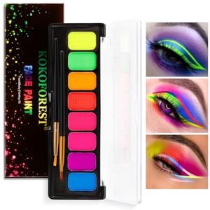 Teekerwan 8 couleurs néon peinture pour le visage Eyeliner maquillage, Aqua activé Eyeliner Palette UV Luminescent durable Fluorescent visage et corps peinture avec pinceau pour Halloween Noël (01) - Publicité