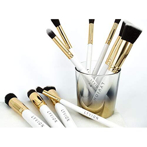 LYVION Make up synthetische kabuki kwasten set/Make up/Make up koffer/Make up set/Make up kwasten/Make up kwasten set 10 delig Wit en goud