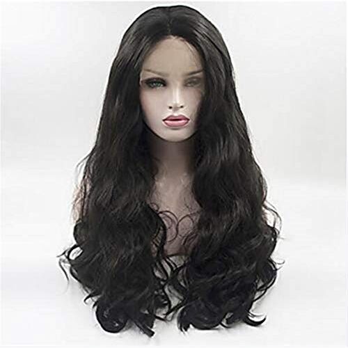 XAoSCd Pruiken Met Voorkant Synthetische Pruiken Dames Zwart Middelste Krul 180% Dichtheid Synthetisch Haar Verstelbare Hittebestendige Elastische Pruik, 24 Inch (16 Inch)