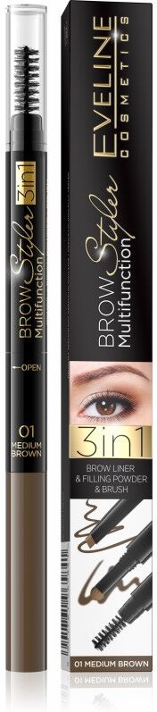 Eveline Brow Styler 3in1 Multifunction 01 Medium Brown 1 stk Øyenbrynsblyant