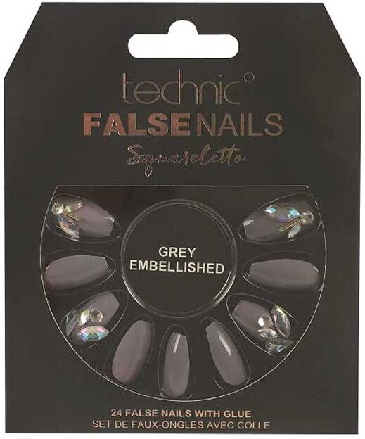 Technic False Nails Squareletto Grey Embellished 24 stk Kunstige negler