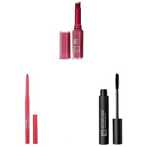 3INA MAKEUP - The Color Lip Glow 385 + The Automatic Lip Pencil 385 + The Definition Mascara 900 - Berry Pink Lipstick & Lip Liner with Black Mascara Set - Vegan - Cruelty Free