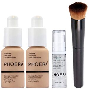 Glamza Phoera Foundation Full Coverage Makeup Set - Includes x2 Warm Peach 30ml Matte Foundation, 6ml Face Primer & Liquid Foundation Brush for Easy Application