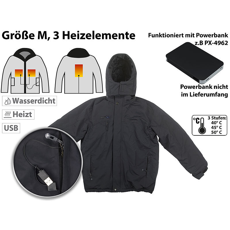 Pearl Beheizbare Outdoor-Jacke mit USB-Anschluss, 3 Heizelemente, Größe M