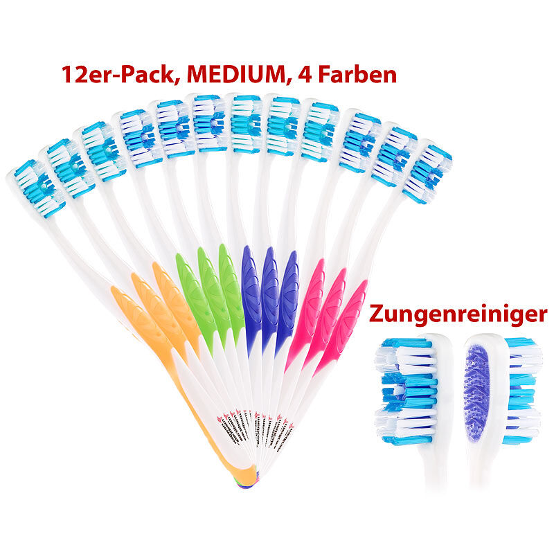 newgen medicals 12er-Pack Marken-Zahnbürsten mit Zungenreiniger, MEDIUM, 4 Farben