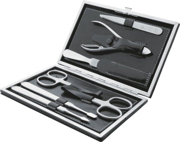 Erbe Collection siebenteiliges Manicure Set inox in braunem Bügeletui