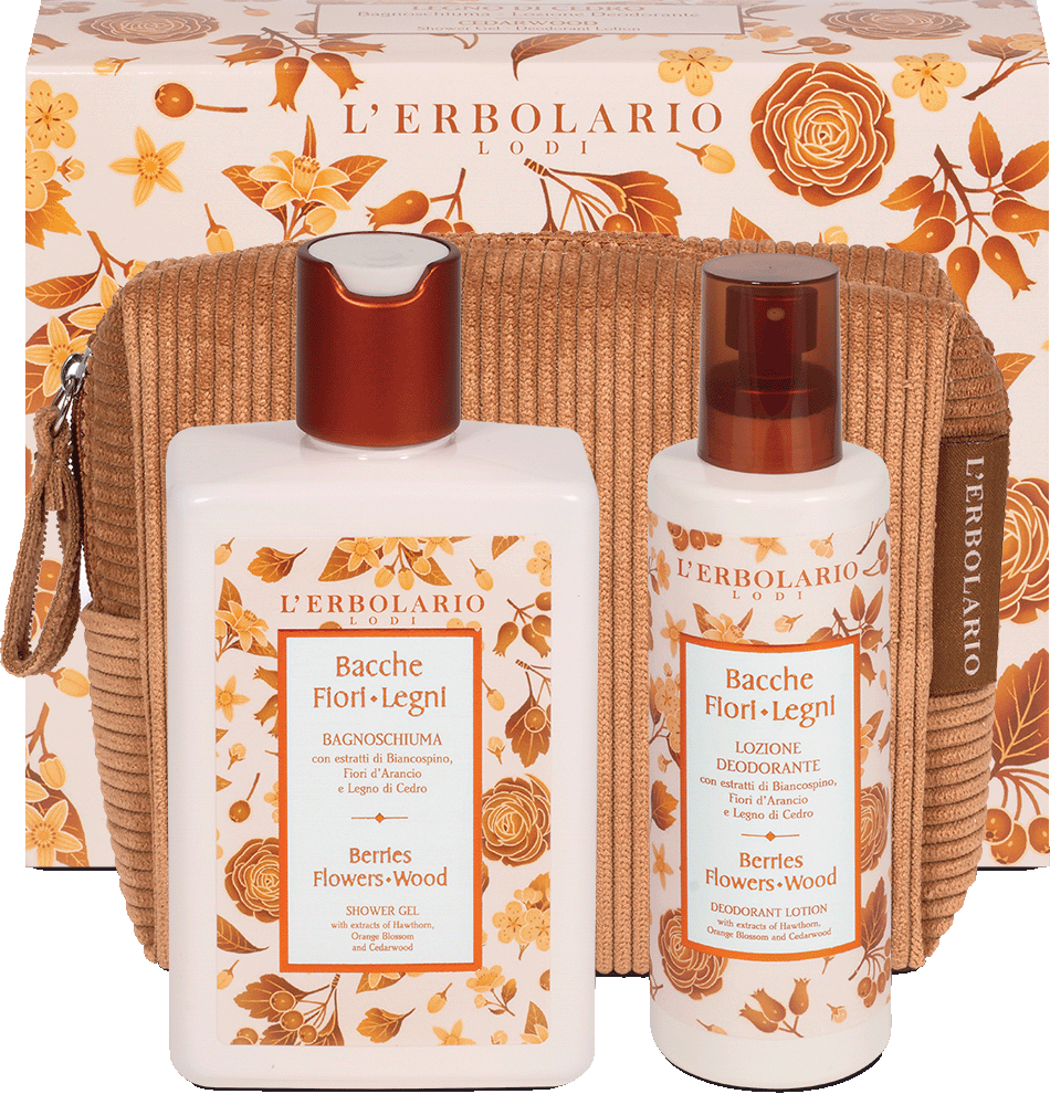 l'erbolario Bacche fiori legni beauty pochette legno di cedro bagnoschiuma 250 ml + deodorante 100 ml edizione limitata