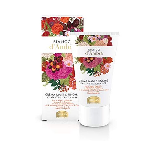 Helan Amber wit hand- en nagelcrème, vochtinbrengende crème voor handen en nagels met zoete amandelen en olijfolie hand- en gebarsten en nagelversterkende crème, 50 ml, Made in Italy