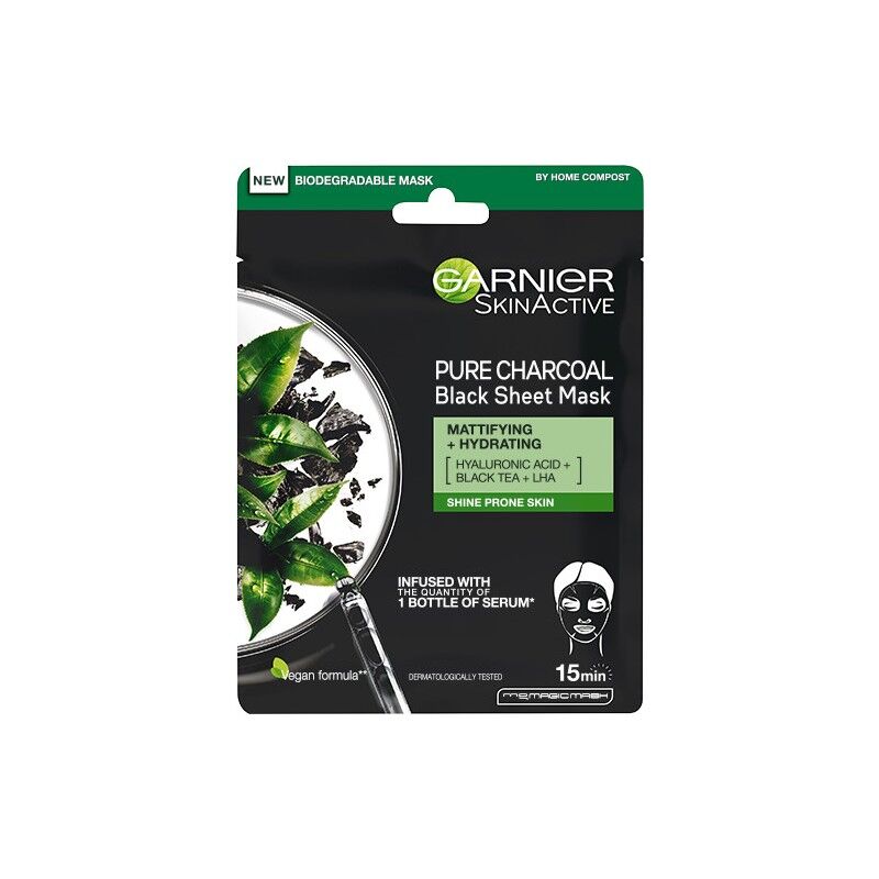 Garnier Pure Charcoal Mattifying & Hydrating Black Tea Tissue Mask 1 stk Ansiktsmaske