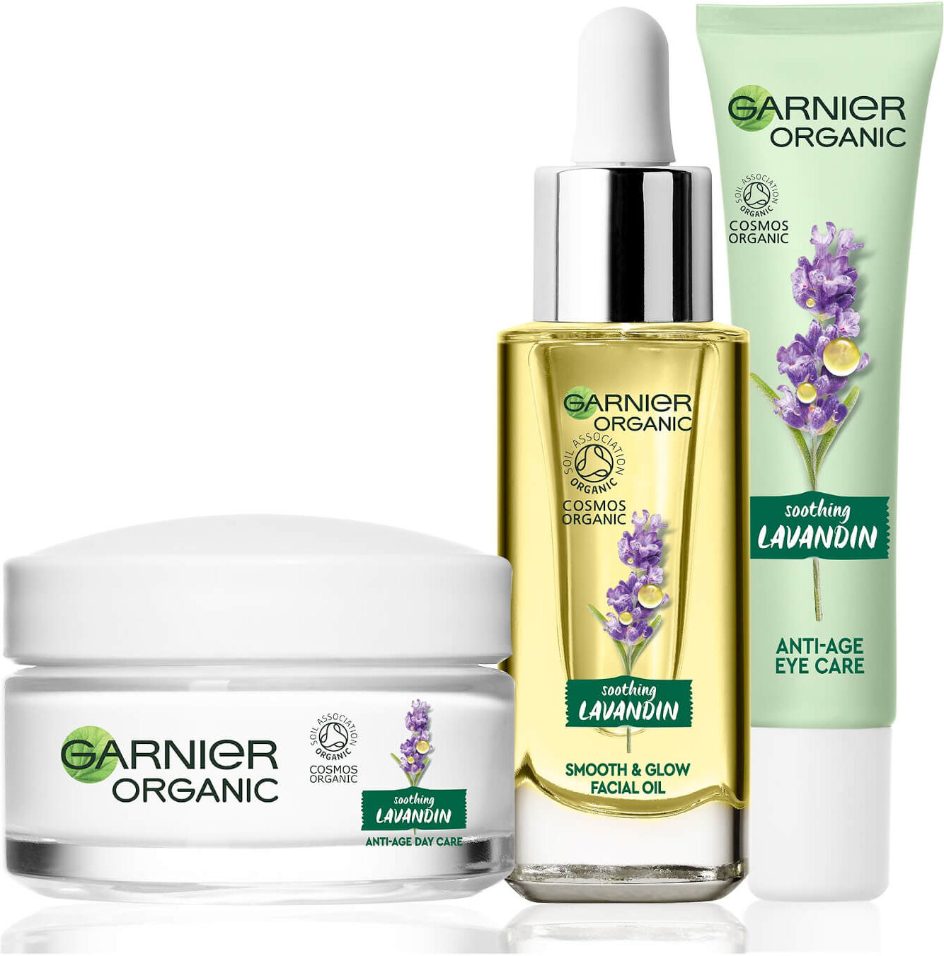 Garnier Organic Lavandin Set: Eye Cream, Glow Facial Oil & Anti-Age Day Care Cream