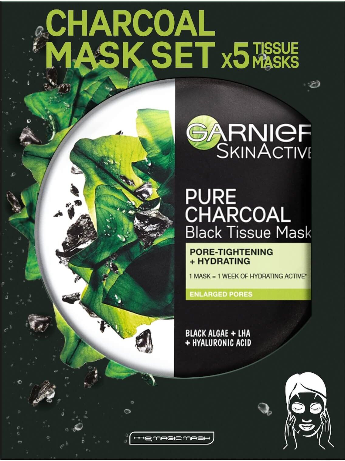 Garnier Charcoal and Algae Purifying and Hydrating Face Sheet Mask for Enlarged Pores (5 Pack)