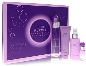 Perry Ellis 360 Purple by Perry Ellis - Gift Set -- 3.4 oz Eau De Parfum Spray + .25 oz Mini EDP Spray + 4 oz Body Mist Spray + 3 oz Shower Gel - for kvinner