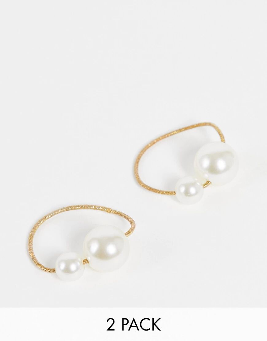 Accessorize pack of 2 hair ties in gold with faux pearl detail  Gold