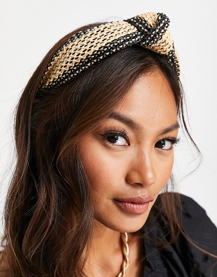 ALDO Adwalicly knotted raffia headband in black and beige  Black