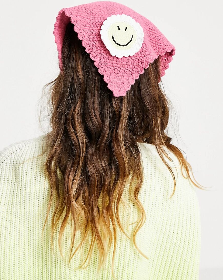 ASOS DESIGN crochet headscarf with happy face in pink  Pink