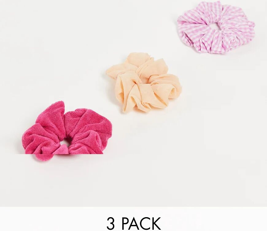 ASOS DESIGN pack of 3 scrunchies in mixed fabrics-Pink  Pink