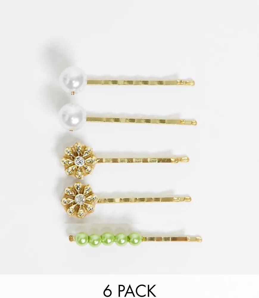 ASOS DESIGN pack of 6 hair clips with flower detail-Gold  Gold