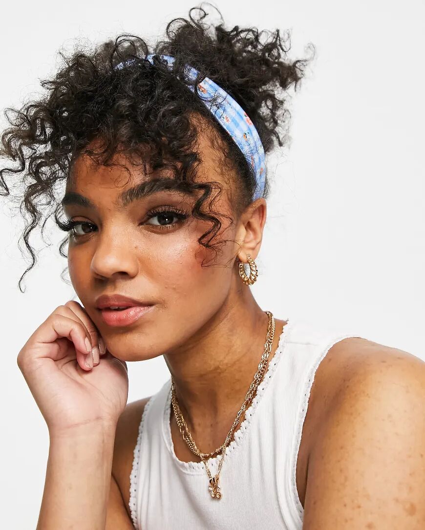 ASOS DESIGN wide jersey gingham floral print headband in blue-Multi  Multi