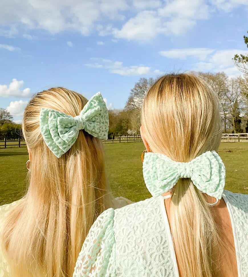 Labelrail x Olivia & Alice hair bow in mint embroidered mesh-Green  Green