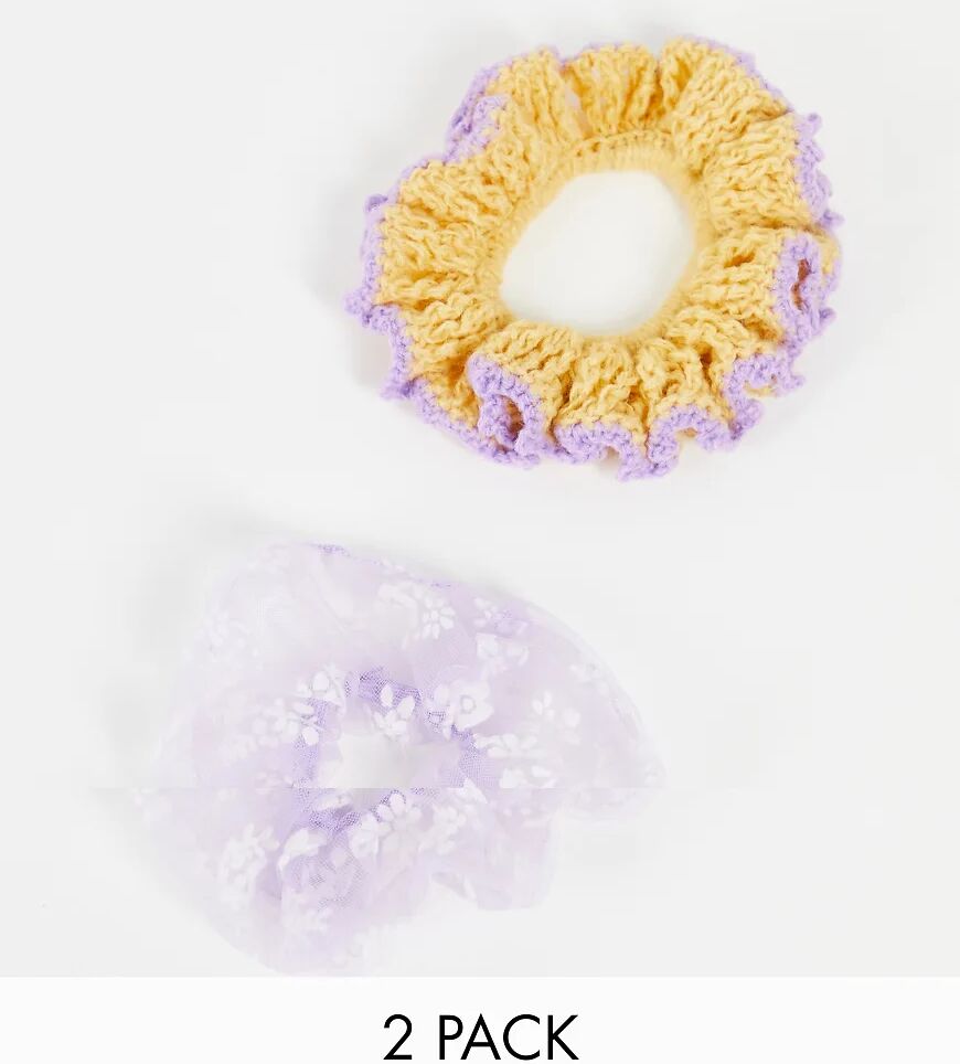 Monki Hailey 2 pack knit and organza scrunchies in yellow and lilac-Multi  Multi