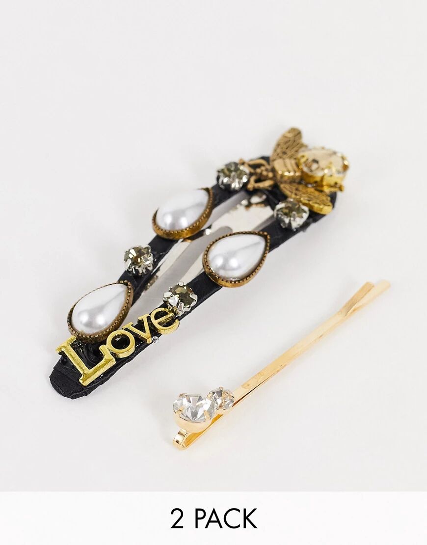 My Accessories London oversized embellished hair clip multipack x 2  Multi