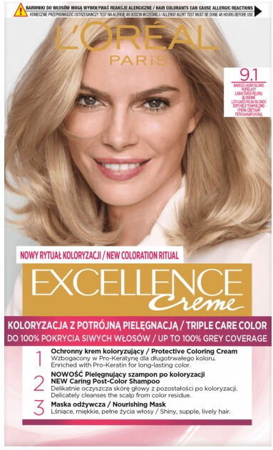 L'Oreal Excellence Creme Hair Color 9.1 Natural Light Ash Blonde 1 kpl Hårfarge