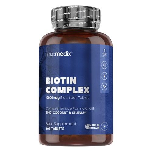 maxmedix Biotin Complex - 365 tabletter för ett års förbrukning - För hälsosamt hår, hud och naglar - 10 000 μg biotin per tablett