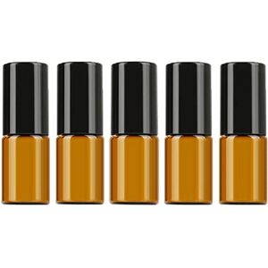 N\A NA 3Ml Amber Glass Roll On Bottle for Essential Oils,5Pcs Perfume Vial with Stainless Steel Roller Ball,black Caps Mini Sample Vials Cosmetics Small Container