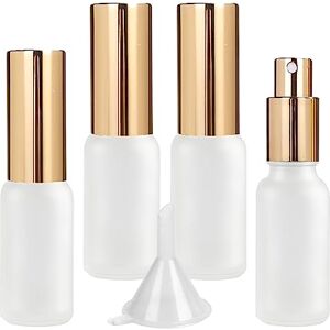 LusDoly Pack of 4, Empty 20ml Frosted Transparent Glass Fine Mist Atomiser Bottles with Gold Sprayer Water Spray Bottles Perfume, Aromatherapy, Cosmetic Travel Containers 2x Funnel