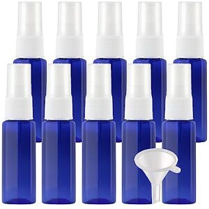 LusDoly Pack of 10, Empty 20ml Blue Plastic Fine Mist Atomiser Bottles with White Sprayer Empty Water Spray Bottles for Water Cosmetic Perfume Containers Travel 2x Funnel