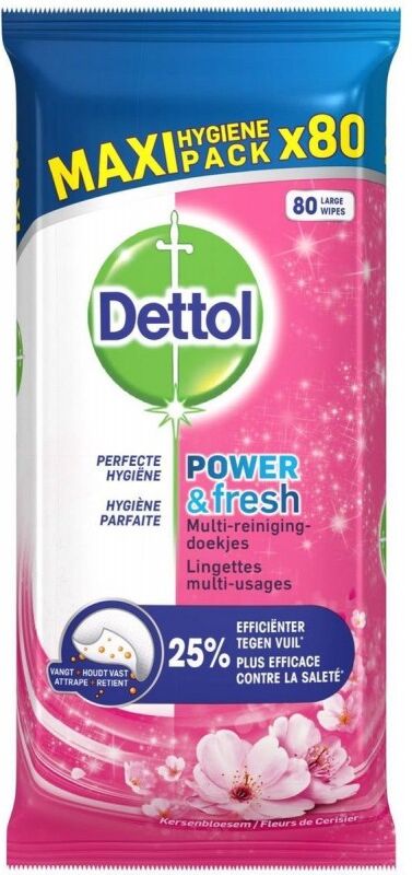 Dettol Power &amp; Fresh Cherry Blossom Disinfectant Antibacterial Wipes Maxi Pack 80 kpl Puhdistusliinat