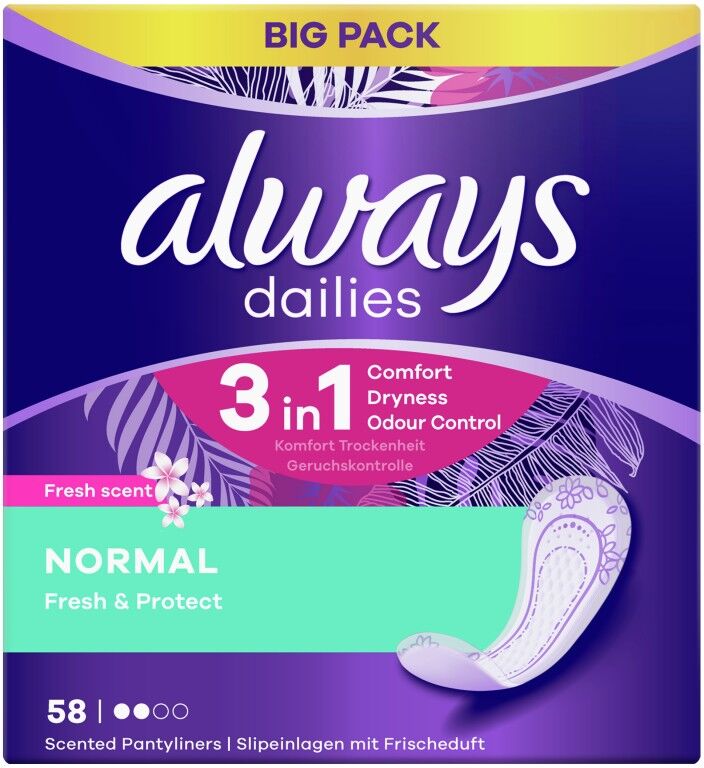 Always Dailies Fresh & Protect Pantyliners Normal 58 stk Truseinnlegg