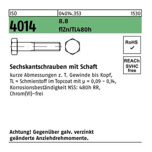 Sechskantschraube ISO 4014 m.Schaft M 10 x 60 8.8 zinkbesch. Gleitmittel flZnnc 480h-L