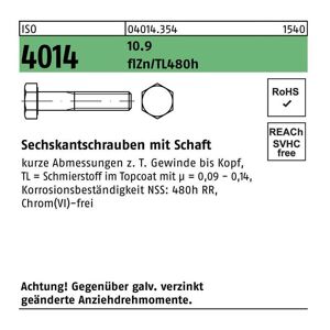 Sechskantschraube ISO 4014 m.Schaft M 12 x 60 10.9 zinkbesch Gleitmittel flZnnc 480h-L