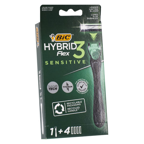 BIC Hybrid Flex 3 Sensitive Rasoir Peaux Sensibles Kit 1 manche + 4 recharges