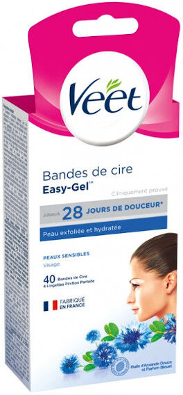 Veet Easy-Gel Épilation Froide Visage Peaux Sensibles 40 bandes de cire froide de précision