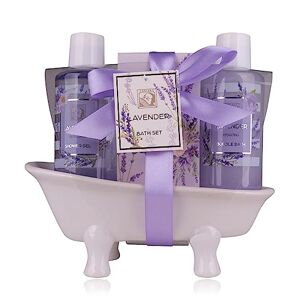 accentra set de douche coffret cadeau femme LAVANDE dans une belle baignoire en céramique coffret de soins 3 pièces avec gel douche, bain moussant & sel de bain coffret bien-être - Publicité