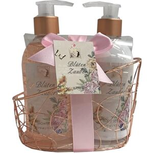 accentra Set de bain avec panier métallique et gel douche 260 ml, lotion pour le corps 260 ml, parfum Maracuja et pamplemousse Rose/beige - Publicité