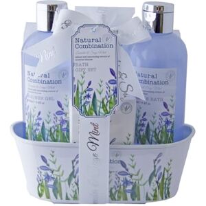 accentra Set de bain Lavande dans une boîte en métal avec gel douche 190 ml, lotion pour le corps 70 ml, bain moussant 190 ml, sel de bain 30 g, parfum lavande & sauge – violet/blanc - Publicité