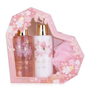 accentra Coffret de douche Coffret cadeau femme HEAVENLY BLOSSOM dans un joli coffret cadeau Coffret de soins 3 pièces avec gel douche, lotion pour le corps et éponge en maille Saint-Valentin - Publicité