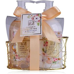 accentra set de douche coffret cadeau femme HONEY JASMINE dans un magnifique panier en fil métallique coffret de soins en 2 parties avec gel douche et lotion pour le corps coffret bien-être - Publicité