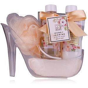 accentra set de douche coffret cadeau femme HONEY JASMINE en beaux talons coffret de soins 3 pièces avec gel douche, lotion pour le corps et éponge de bain coffret bien-être - Publicité