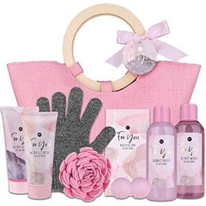 accentra Set cadeau PINK ROSE dans un sac à main Set de soins pour le bain avec gel douche, bain moussant, lotion pour le corps, savon, éponge, gant de gommage etc pour femmes - Publicité