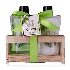 accentra coffret de douche pour femme OLIVE dans une belle boîte en bois coffret de soins en 2 parties avec gel douche et lotion pour le corps coffret bien-être pour les anniversaires, Noël - Publicité