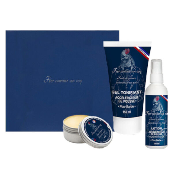 Fier Comme un Coq Box Barber Accélérateur de Pousse Lotion 100ml & Gel Tonifiant 150ml & Cire Hydratante 50ml