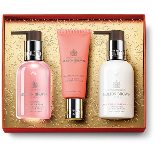 molton brown delicious rhubarb & rose hand cream gift set 100 ml sapone liquido mani + 100 ml latte mani + 40 ml crema mani