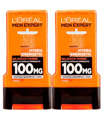 L'Oreal L'Oréal Paris Men Expert Hydra Energetic Gel Doccia Uomo 3in1 Taurine Effetto Sveglia Immediato 100mg Azione Energizzante Istantanea per Corpo Viso Capelli Formula con Taurina 2 Flaconi da 300ml