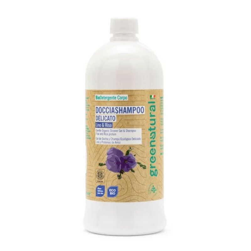 greenatural Bagnoschiuma Bio Doccia Shampoo Lino e Proteine del Riso 1 LT