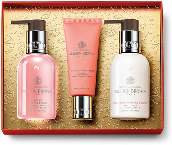 Molton Brown Delicious Rhubarb & Rose Hand Cream Gift Set 100 ML Sapone Liquido mani + 100 ML Latte Mani + 40 ML Crema Mani