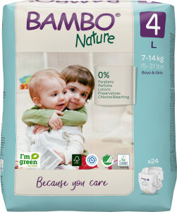 Abena Re-Seller GmbH Bambo® Windeln Nature, Atmungsaktive Windel die sich jedem Bewegungsdrang anpasst, Größe 4, 7 - 14 kg, 1 Packung = 24 Windeln